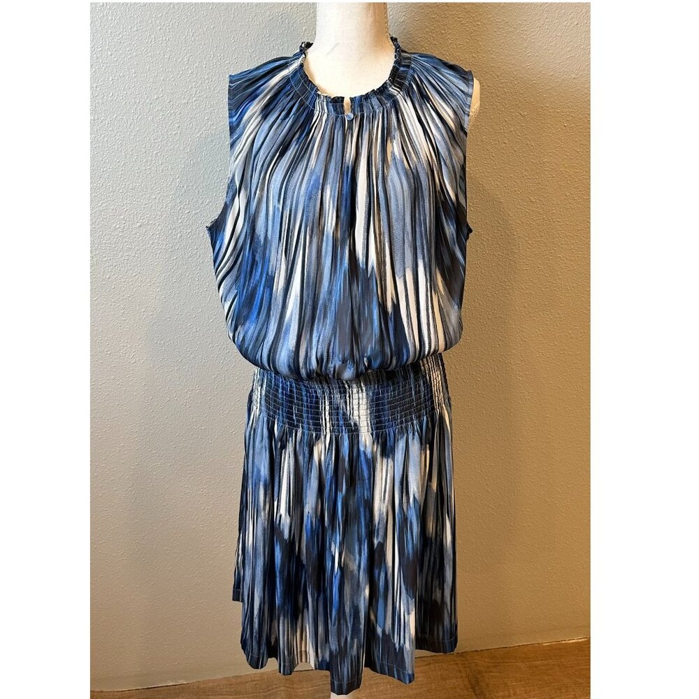 Halston Heritage Blue Watercolor Pleated Smocked Midi Dress XL
